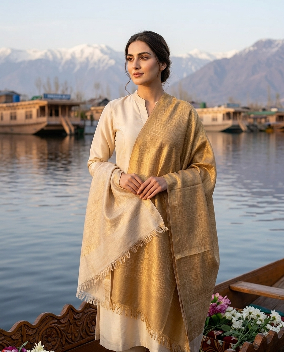 Zari fine wool premium reversible stole beige & light gold