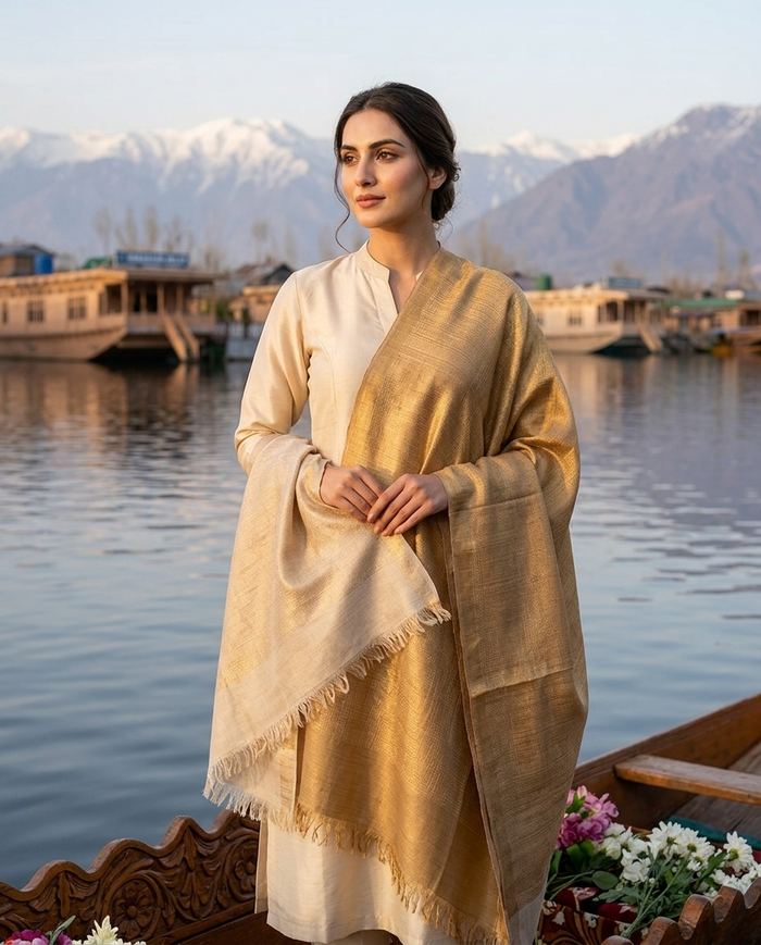 Zari fine wool premium reversible stole beige & light gold