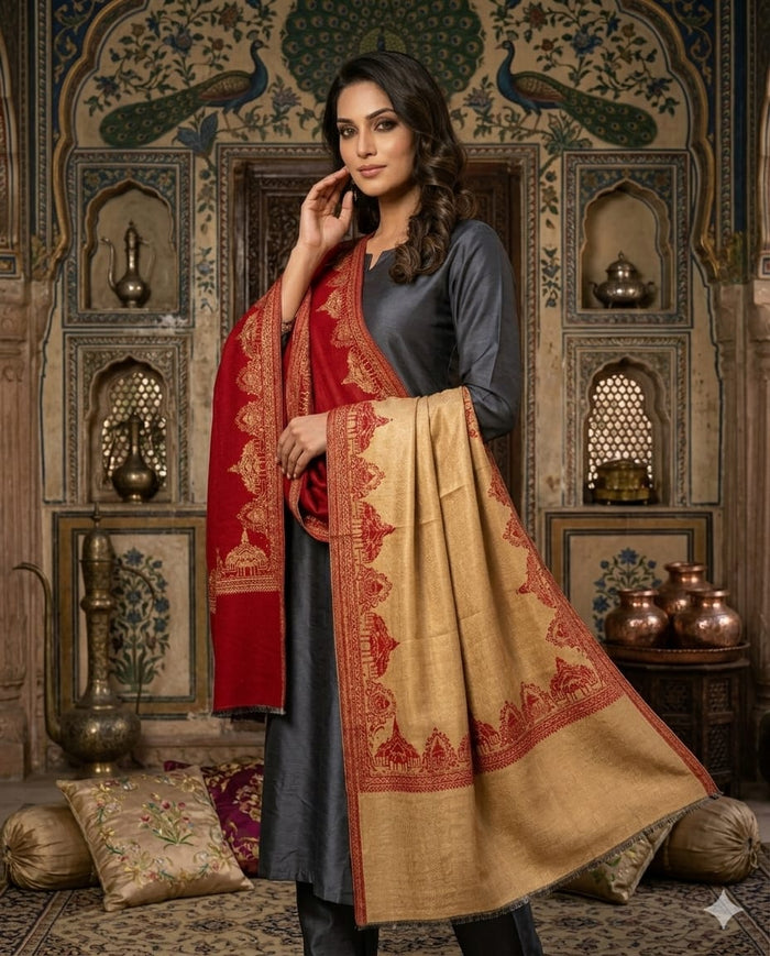 Ram mandir silk liquid gold reversible shawl