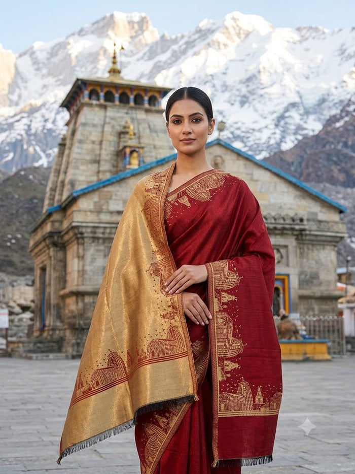 Kedarnath mandir liquid gold silk reversible stole