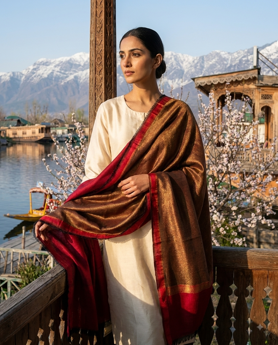 Zari fine wool premium reversable stole crimson red & gold