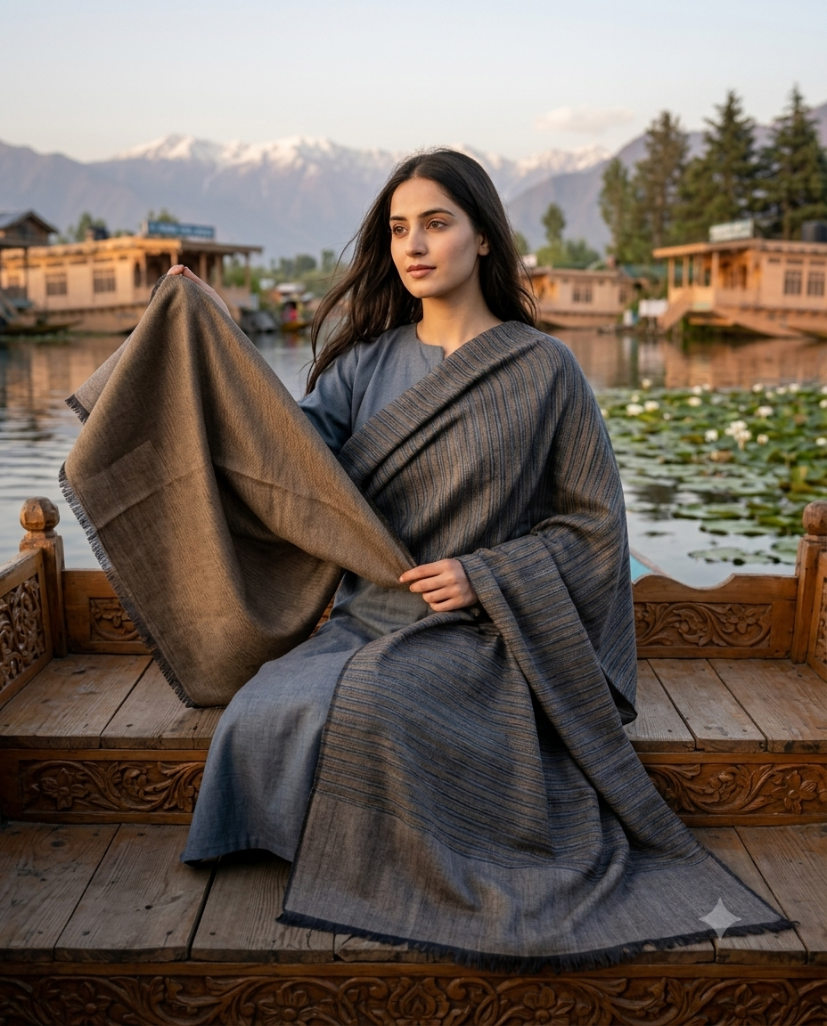 Fine stripe pashmina reversible stole taupe & grey