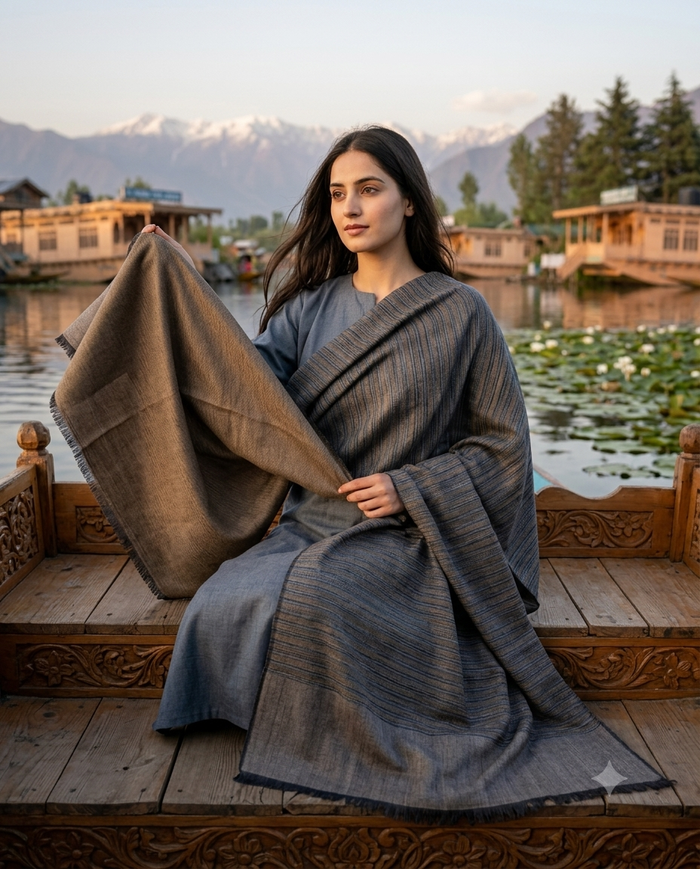 Fine stripe pashmina reversible stole taupe & grey
