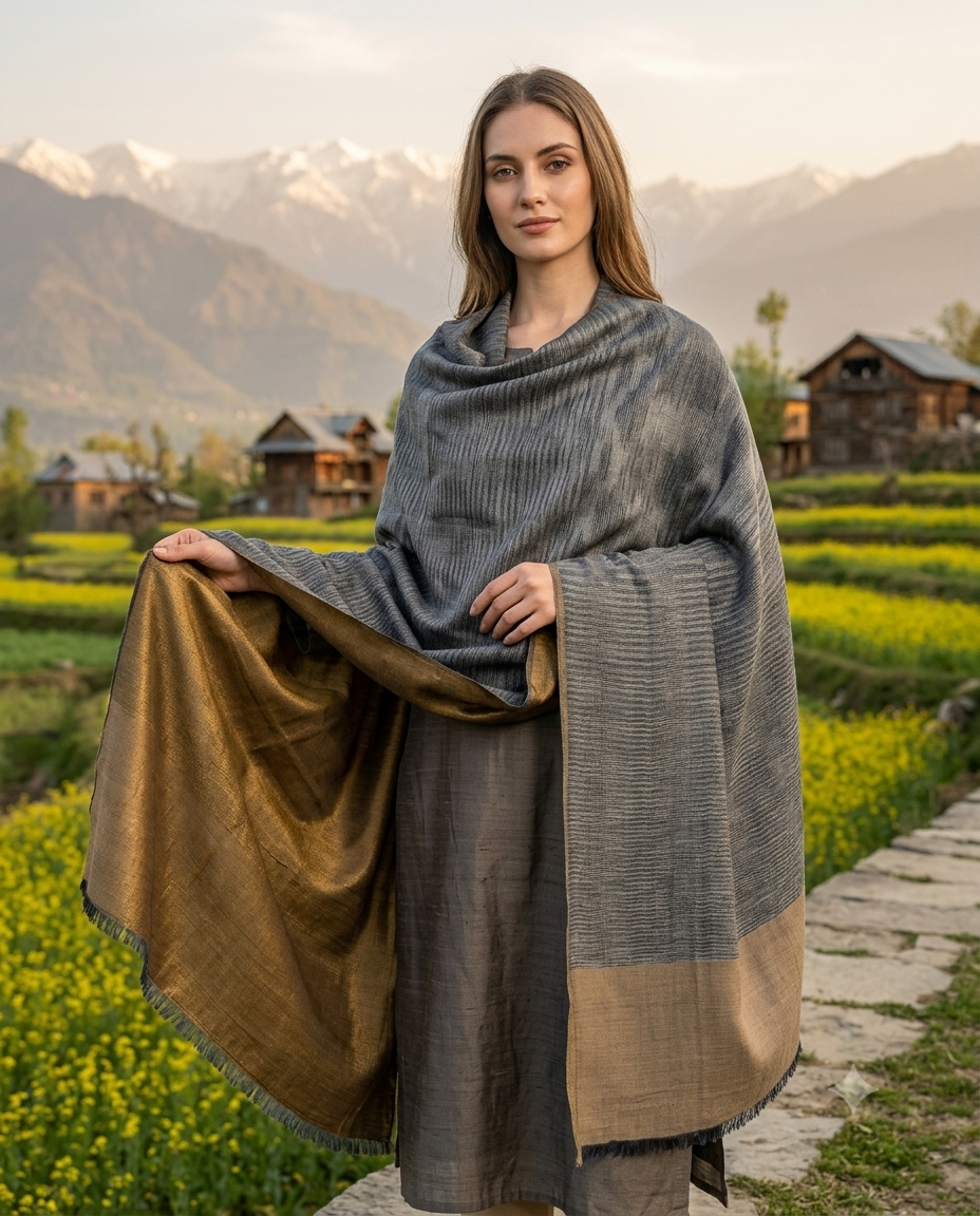 Pashmina iekat Cloud Weave Reversible Stole Charcoal grey & Gold