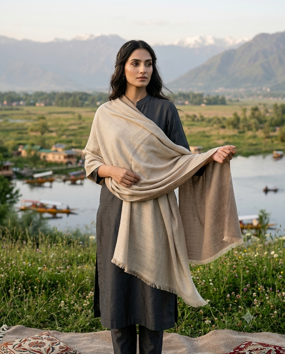 Zari fine wool reversible stole light beige & dark beige
