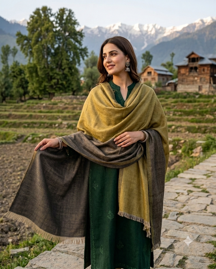 Zari reversible fine wool stole gold & taupe grey