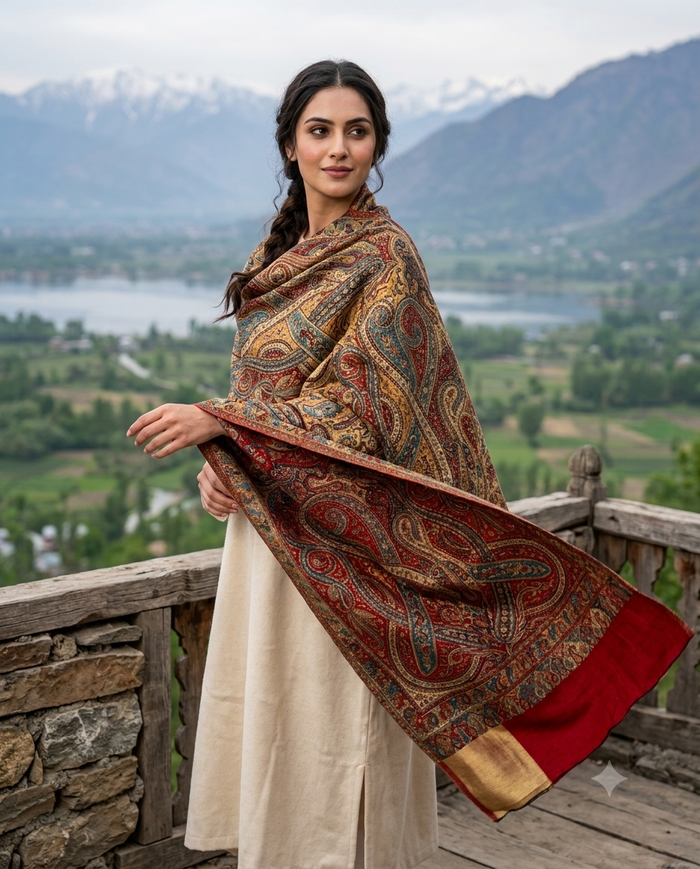 Kalamkari paisley Jamwar reversible silk shawl maroon colour