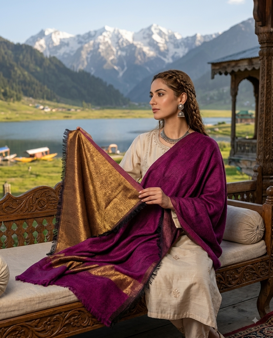 Zari fine wool premium reversible stole deep pink purple & gold