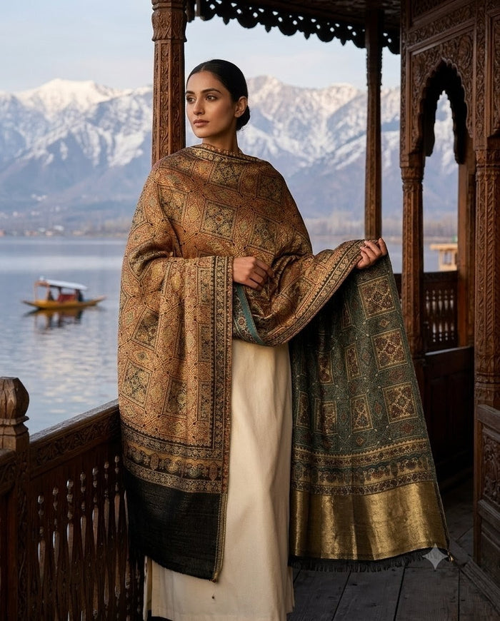 Kalamkari embroidery pattern reversible silk gold stole