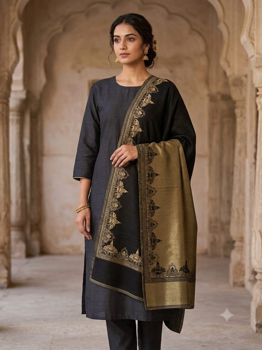 Ram mandir silk liquid gold reversible shawl