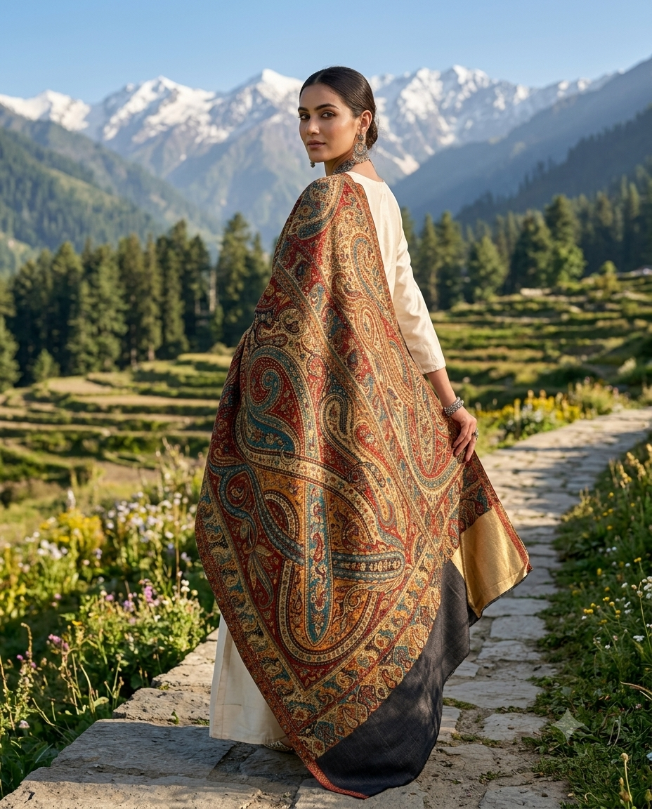 Kalamkari paisley Jamawar reversible silk shawl midnight navy colour